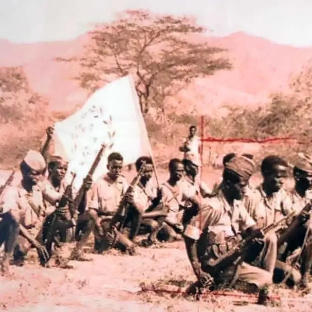 Eritrean Liberation Front fighters kneeling in a line with their rifles and flag, March 1964